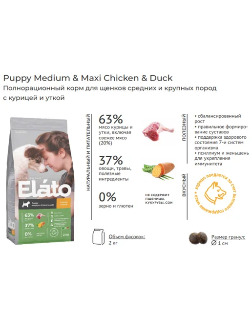 Сухой корм Eláto для собак, щенки, курица, утка, 2 кг, фото 2