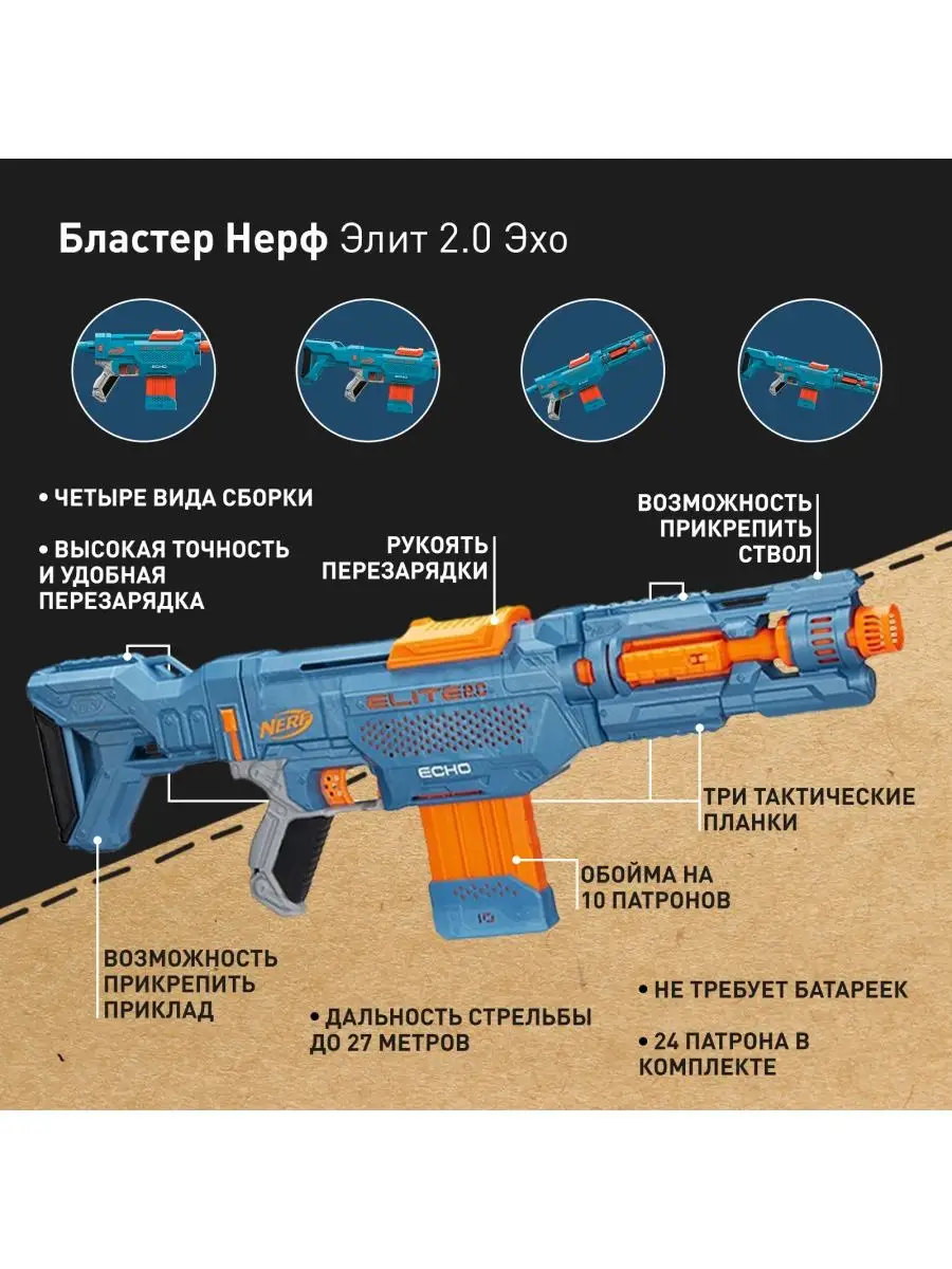 Бластер Нерф Элит 2.0 Эхо автомат винтовка снайперская NERF 138800877  купить за 5 145 ₽ в интернет-магазине Wildberries