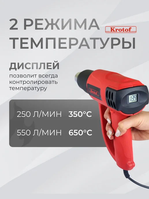 Krotof Фен строительный технический с регулировкой температуры, черный, фото 3