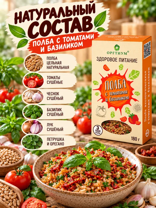 Оргтиум Полба с томатами и базиликом, 1 шт. 180г, 1 шт, 180 г, фото 3