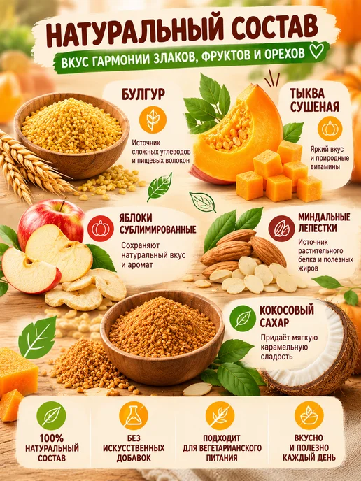 Оргтиум Булгур с тыквой, миндалем и кокосовым сахаром 1 шт. 210г, 1 шт, 210 г, фото 3