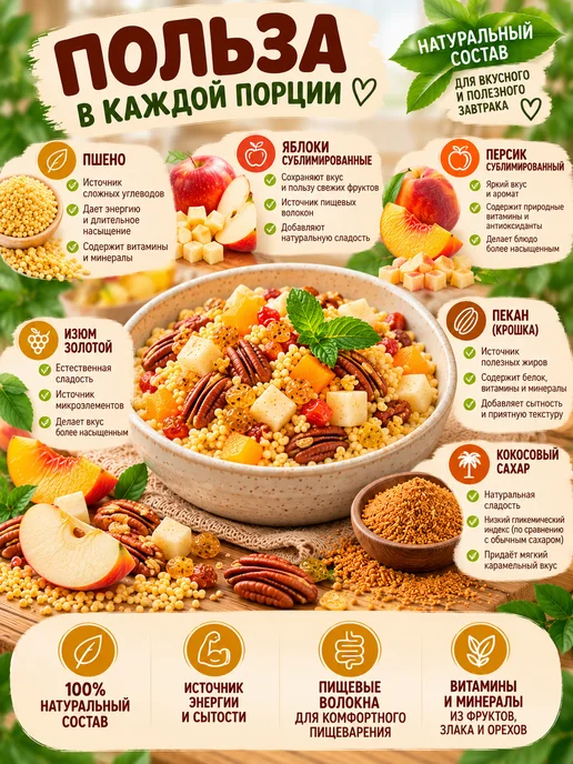 Оргтиум Пшено с фруктами, орехом пекан и кокосовый сахар 210г, 210 г, фото 3