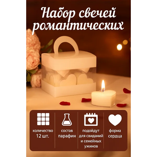 Набор свечей в гильзе Сердце, 12 шт, белые