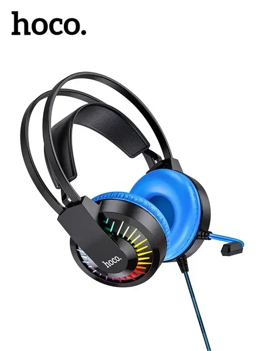 HOCO Наушники W105 проводные игровые с микрофоном и подсветкой, синий