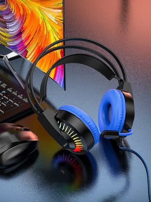 HOCO Наушники W105 проводные игровые с микрофоном и подсветкой, синий, фото 3