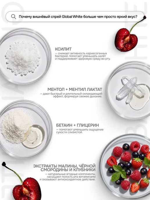 GLOBAL WHITE Освежающий спрей для рта со вкусом вишни, белый, фото 3