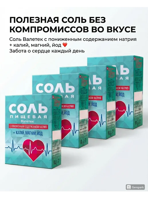 Валетек Соль йодированная пищевая с калием и магнием, 4 шт