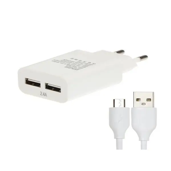Зарядное устройство для телефона 2 USB, 2.4 А, microUSB 1 м
