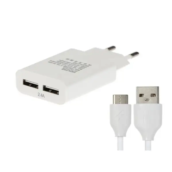 Зарядное устройство для телефона 2 USB, 2.4 А, Type-C 1 метр