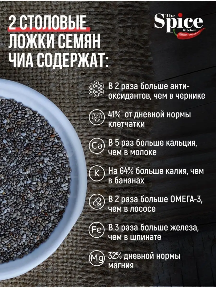 Семена чиа для похудения и питания пищевые черные 1500 г The Spice Kitchen  139667832 купить за 774 ₽ в интернет-магазине Wildberries