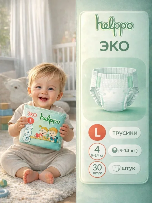 Helppo Подгузники трусики ЭКО 4 размер L (9-14 кг), 30 шт, 914 кг, 30 шт, фото 3