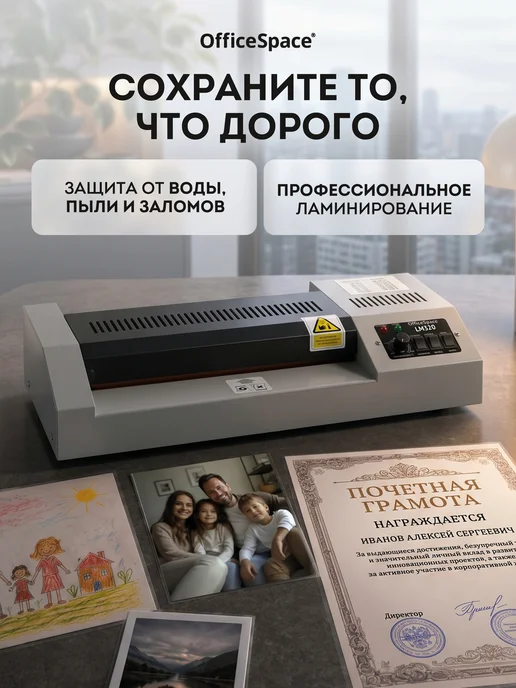 OfficeSpace Ламинатор бумаги А3 для дома и офиса, 50-250 мкм, 50 см мин, белый, фото 4
