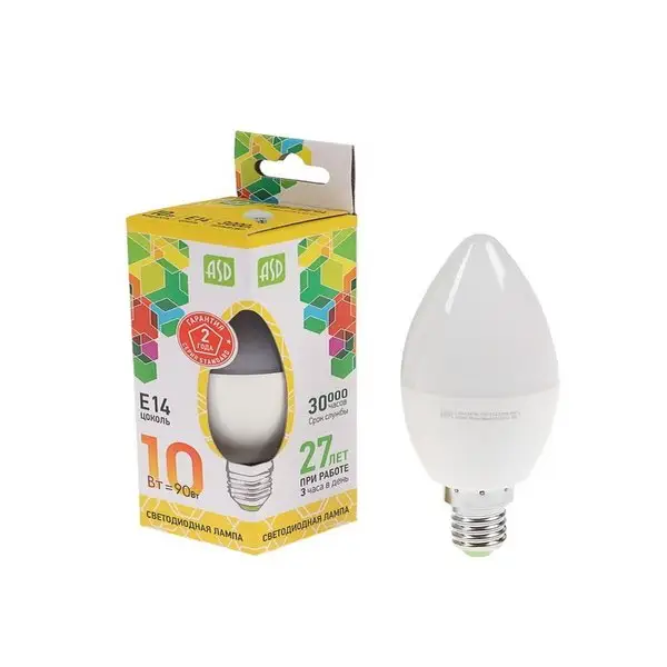 Лампочка светодиодная Е14, 10 Вт, 230 В, 3000 К, 950 Лм