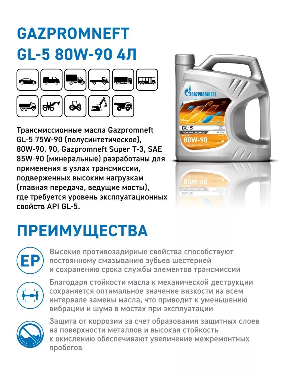 Трансмиссионное масло GL-5 80W-90, 4 л Gazpromneft 140313584 купить за 1  299 ₽ в интернет-магазине Wildberries