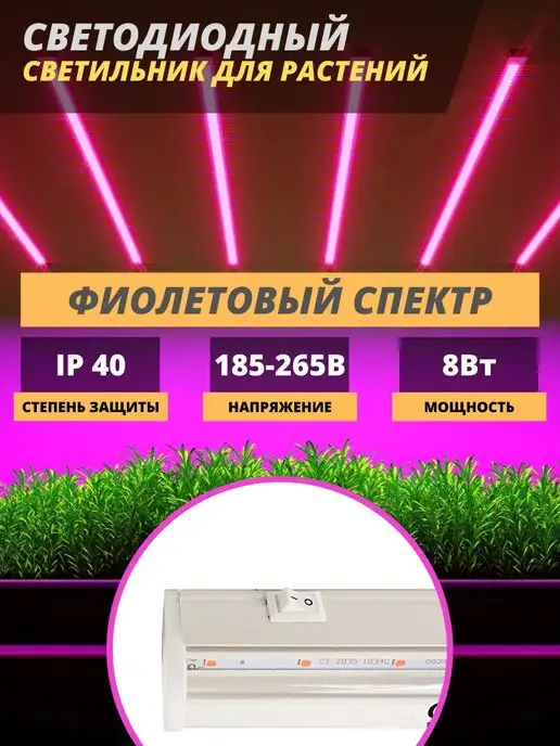 GENERAL. Фитосветильник для растений фиолетовый спектр 8W фитосвет