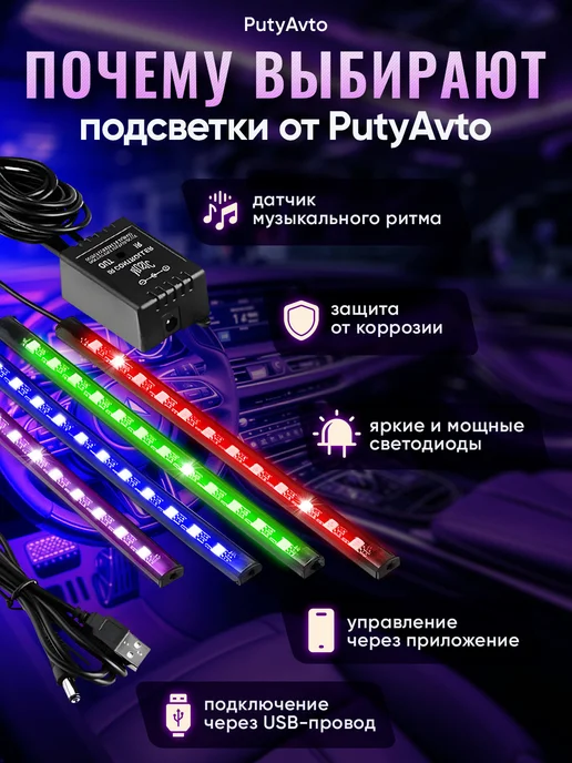 PutyAvto Подсветка в машину ног RGB в салон авто светодиодная, вариант, фото 2