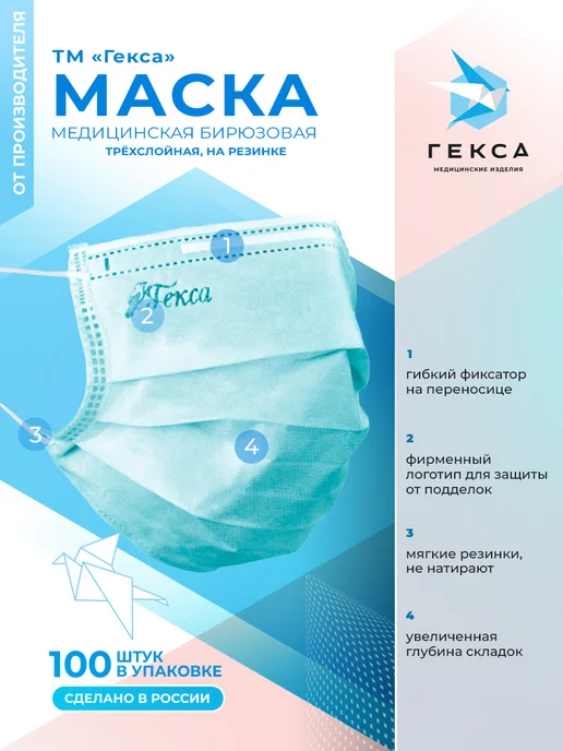 ГЕКСА Маски медицинские в коробке 100 шт, бирюзовая, 100 шт, фото 3