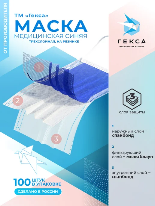 ГЕКСА Маски медицинские в коробке 100 шт, цвет розовый, 100 шт, синий, фото 4
