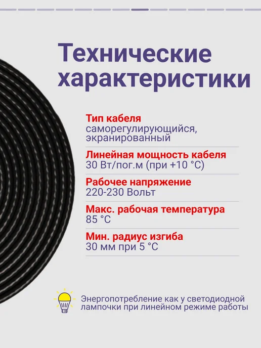 Nunicho Греющий кабель на трубу 3м 30Вт саморегулирующийся, 3 м, 30 Вт, фото 8