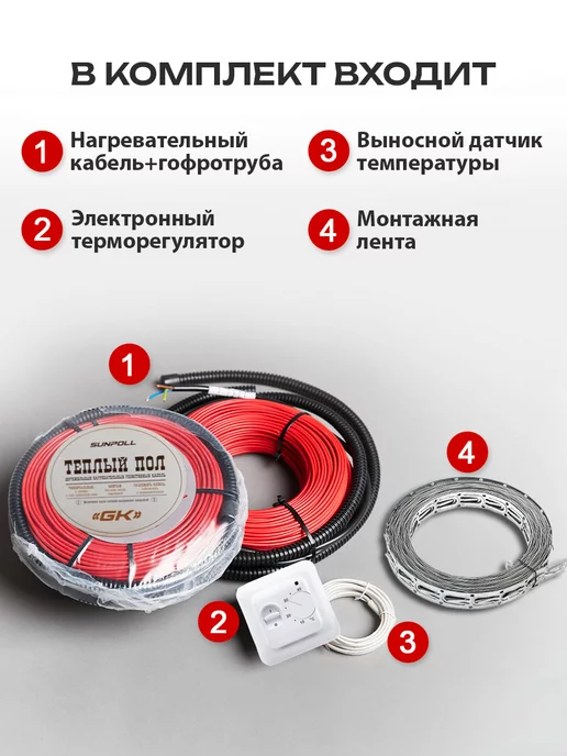 Sunpoll Теплый пол кабельный с терморегулятором под плитку 20 м.п, вариант, фото 2