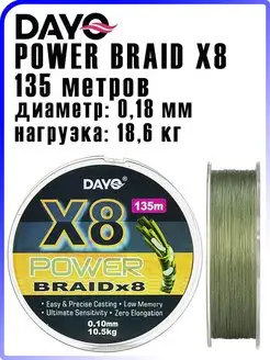 Шнур рыболовный POWER BRAID X8 135 м 0,18 мм 18,6 кг Dayo 141433864 купить за 281 ₽ в интернет-магазине Wildberries