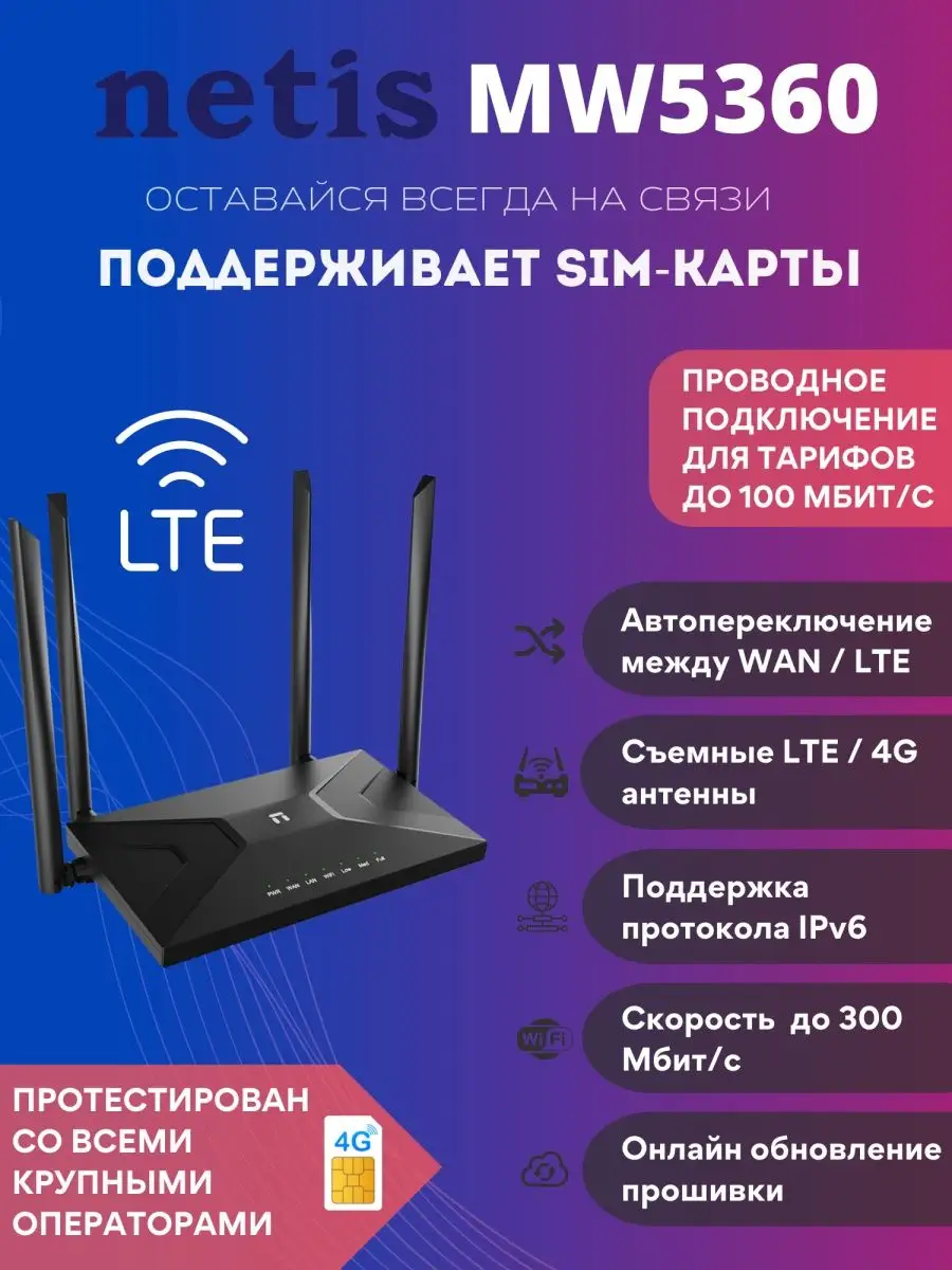 Маршрутизатор Netis 3G/4G 300MBPS MW5360, черный Netis 141572667 купить в  интернет-магазине Wildberries