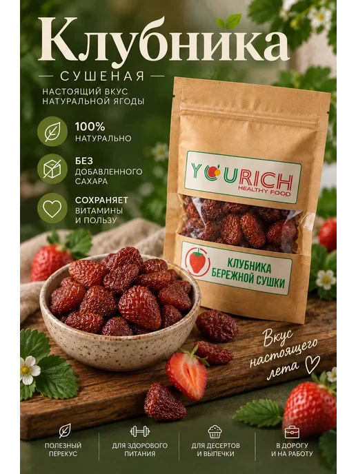 Yourich Клубника вяленая ягода сушеная 250 гр, 250 г