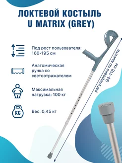 Костыль-канадка локтевой опорный серый U Matrix Barry 142260003 купить за 809 ₽ в интернет-магазине Wildberries