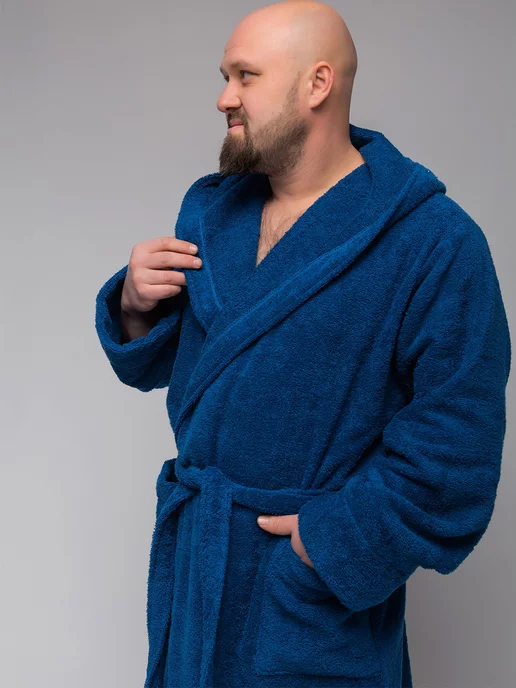 BIO-TEXTILES Халат махровый большого размера с капюшоном, синий, фото 4