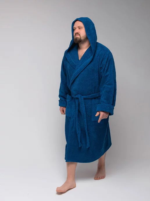 BIO-TEXTILES Халат махровый большого размера с капюшоном, синий, фото 6