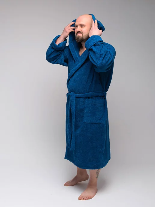 BIO-TEXTILES Халат махровый большого размера с капюшоном, синий, фото 7