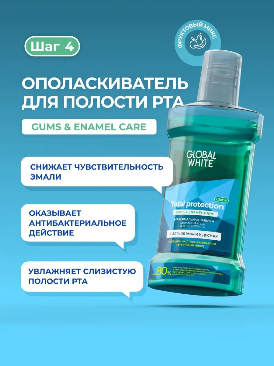 Ополаскиватель для полости рта Total Protection 300 мл GLOBAL WHITE  142677706 купить за 249 ₽ в интернет-магазине Wildberries