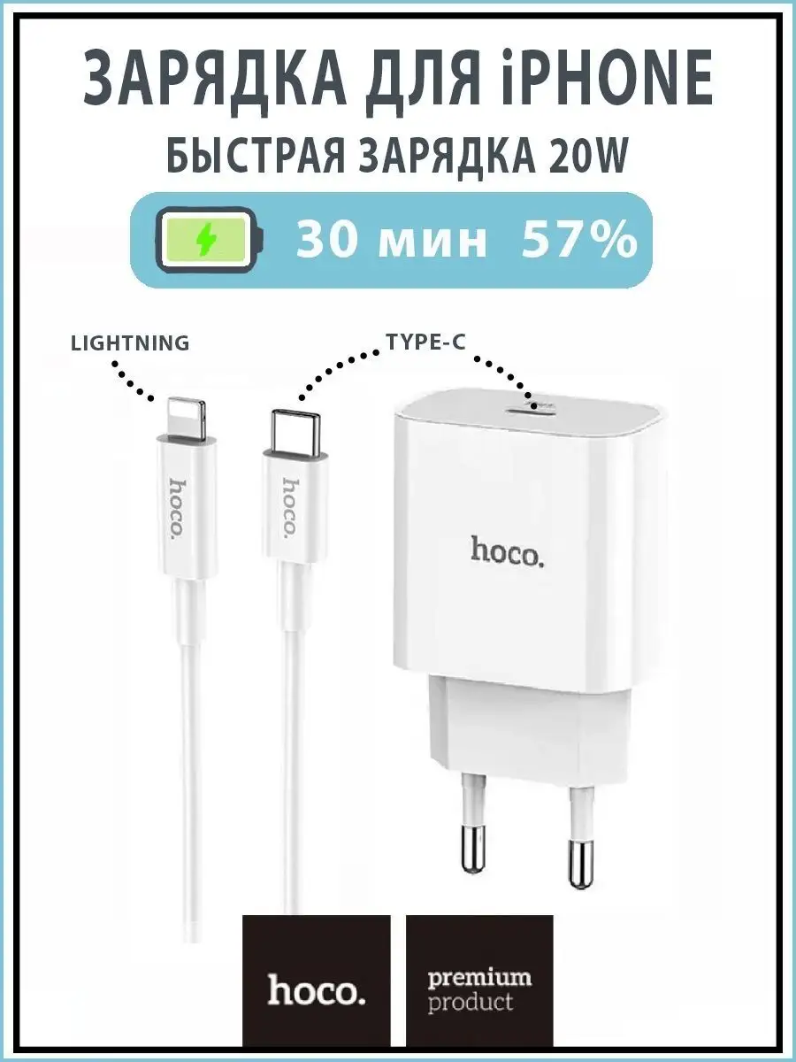 Блок быстрой зарядки для iPhone 14 20w на Type c-Lightning Hoco 143057426  купить в интернет-магазине Wildberries