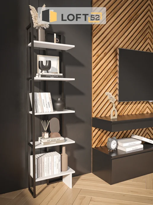 LOFT52 Стеллаж в стиле лофт угловой металлический деревянные полки, белый