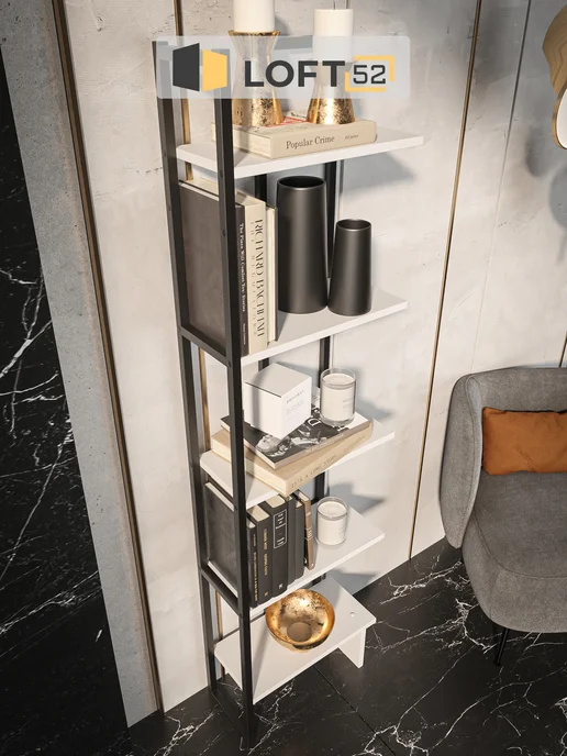 LOFT52 Стеллаж в стиле лофт угловой металлический деревянные полки, белый, фото 8