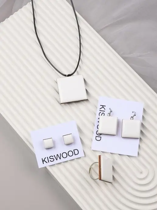 KISWOOD Кольцо квадратное бижутерия из дерева и смолы, белый, фото 5