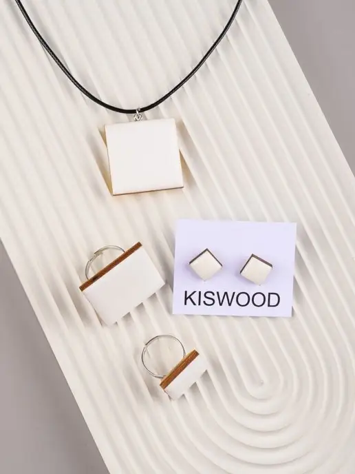 KISWOOD Кольцо квадратное бижутерия из дерева и смолы, белый, фото 7