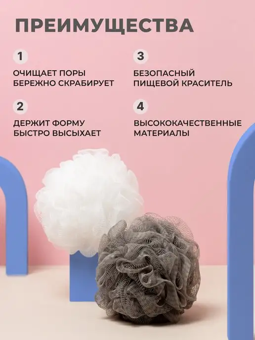 PENKA Мочалки для душа набор 2 штуки массажные отшелушивающие, белый, фото 4