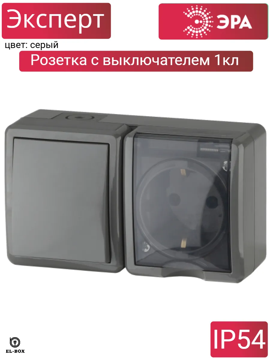Блок розетка с выключателем 1кл IP54 серый