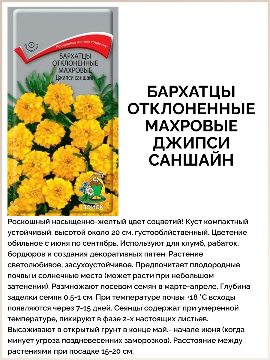 Набор семена цветов бархатцев для сада ПОИСК 143377931 купить за 186 ₽ в  интернет-магазине Wildberries