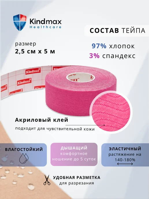 Kindmax Кинезио тейп для лица и тела спортивный 7,5 см, розовый, фото 2