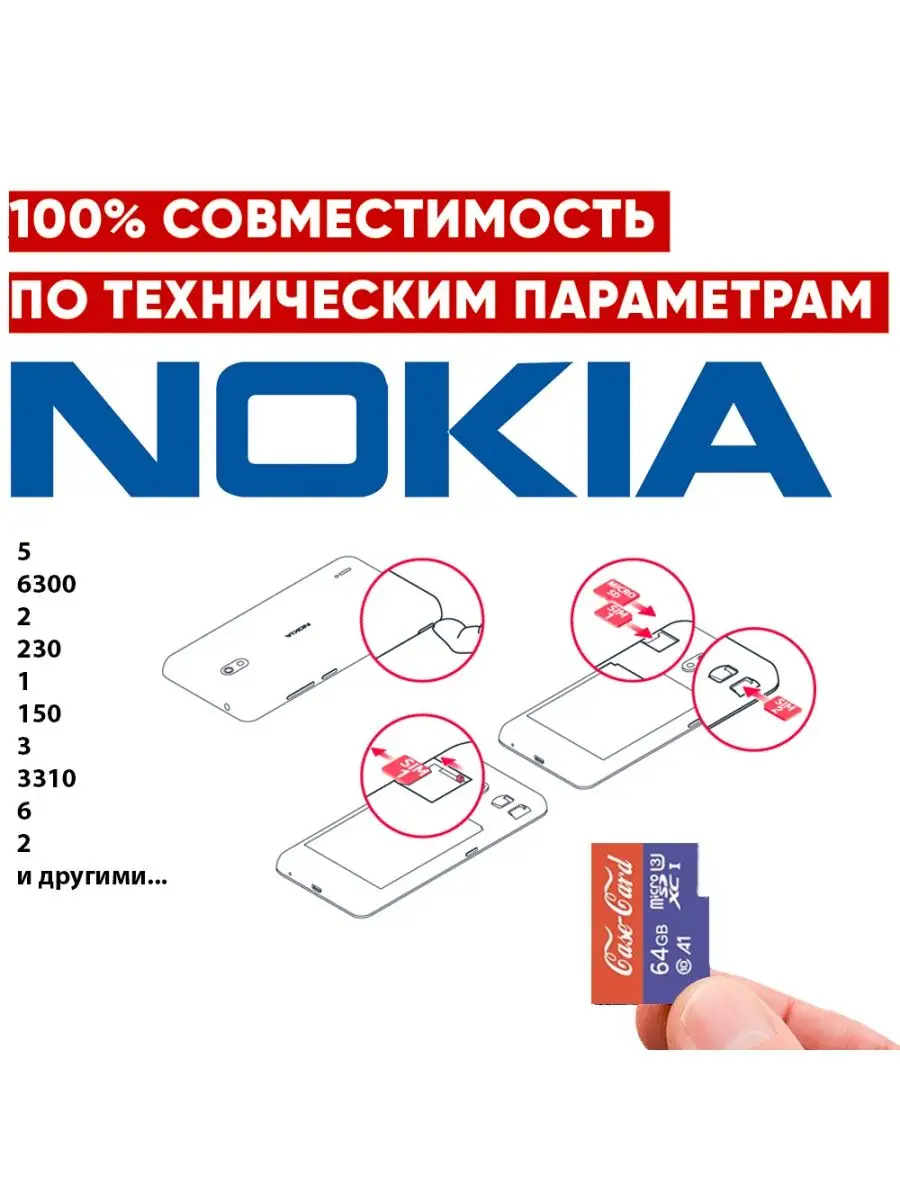 Карта памяти для телефона Нокиа 5, 6300, 2, 230 64гб флешка Nokia 143428418  купить за 814 ₽ в интернет-магазине Wildberries