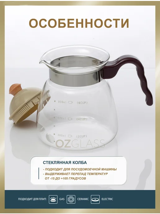OZGLASS Чайник стеклянный с фильтр крышкой 1 л, 1 л, фото 5