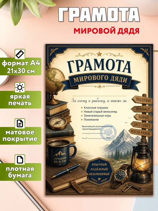 Филькина грамота Грамота Мировой дядя А4, шуточный подарок, вариант