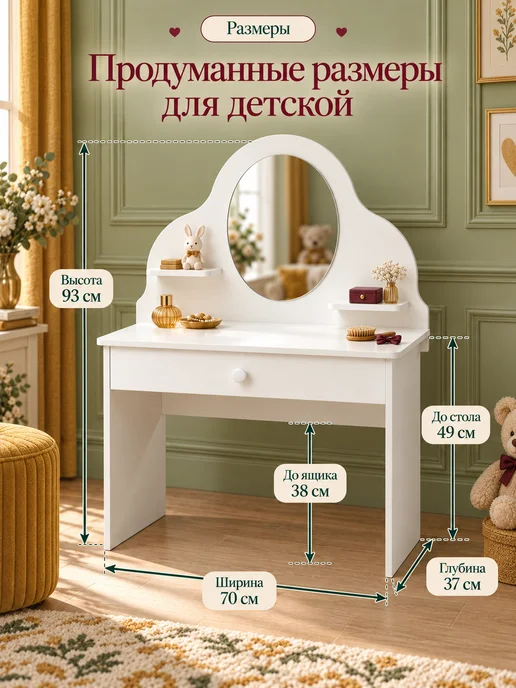 sitstep Туалетный столик для девочки с зеркалом белый, белый, фото 2