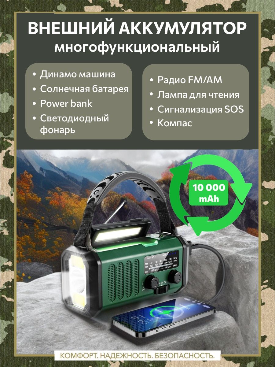 Динамо-машина. Радио. Фонарь. Солнечная батарея. Power bank КНБ 144033029  купить в интернет-магазине Wildberries