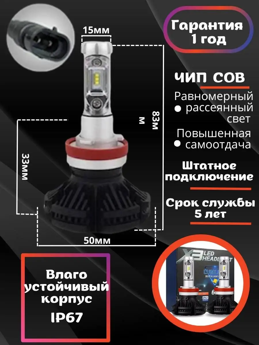 Светодиодные лампы для авто LED диодные Н11 WITAS 144236827 купить за 1 001  ₽ в интернет-магазине Wildberries