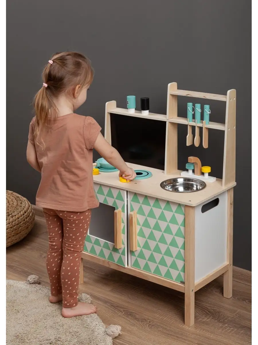 Игровой набор детская кухня деревянная посуда с краном