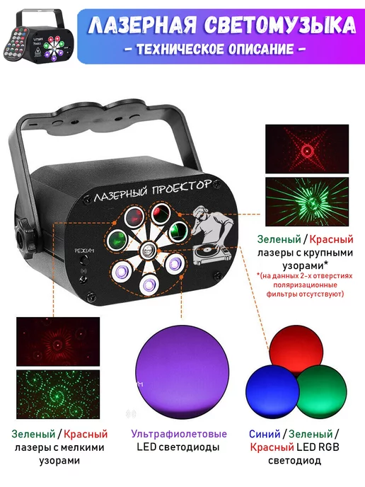 Party Light Лазерная светомузыка для дома с ультрафиолетовой подсветкой, черный, фото 2