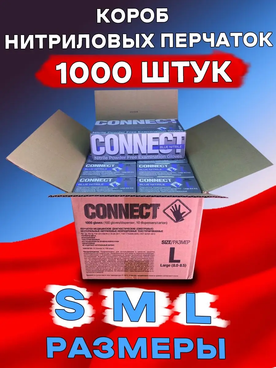 Перчатки нитриловые одноразовые голубые Connect 144543885 купить за 3 506 ₽  в интернет-магазине Wildberries